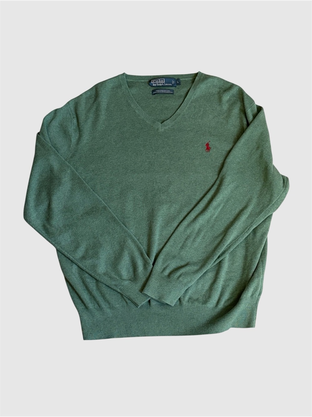 Polo Ralph Lauren Sage Green 100% Pima Cotton V-Neck Sweater L